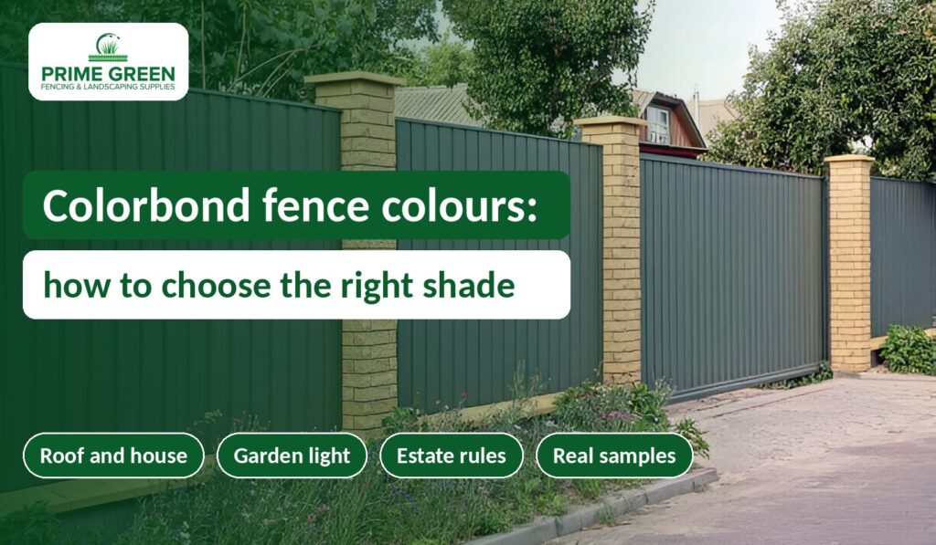 Dark green Colorbond style fence panels between brick pillars beside a garden path