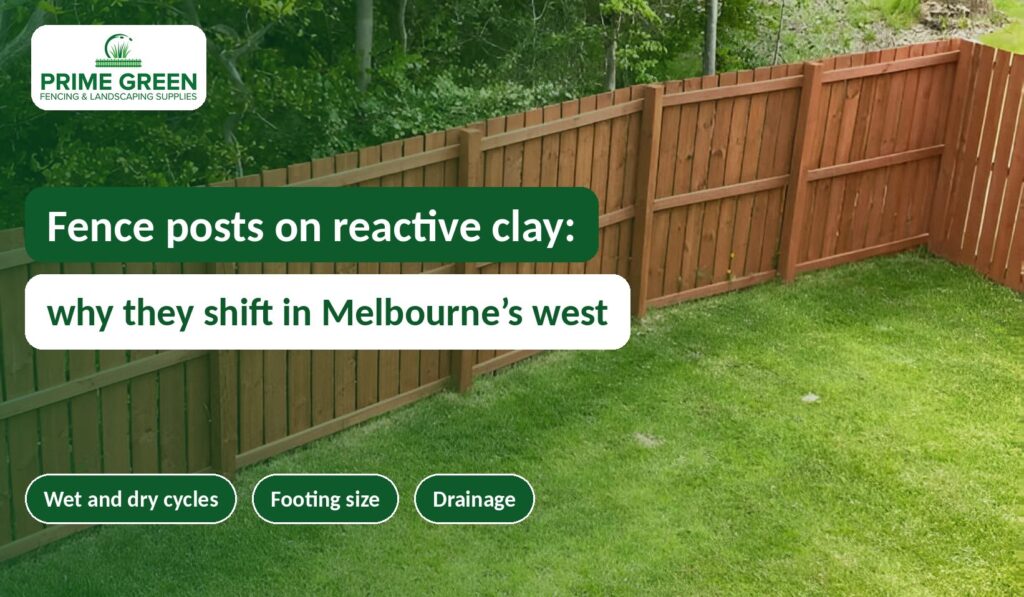 Timber paling fence on a lawn in Melbourne’s west with Prime Green Fencing branding and the title Fence posts on reactive clay