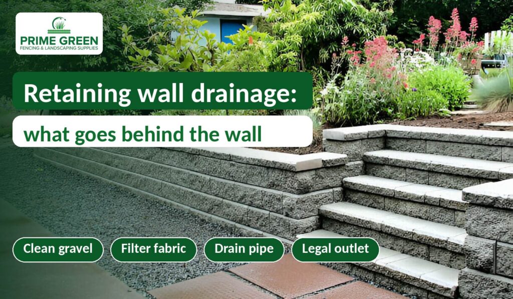 Block retaining wall with a gravel strip and steps in a landscaped garden